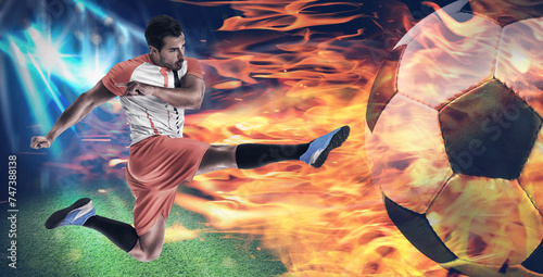 Sports betting, online bookmaker service. Football player kicking big burning soccer ball at stadium. Banner design photo