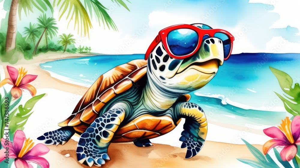 Naklejka premium turtle on the beach. cute turtle, wearing sunglasses on the sandy shore, among tropical flowers on a white background, travel concept. watercolor style,
