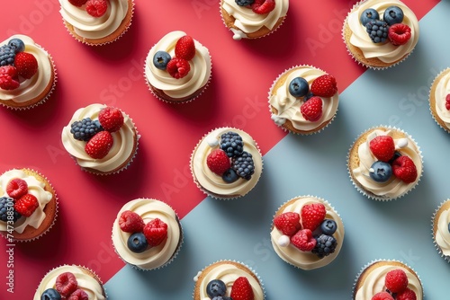 colorful, tart cakes topped with berries and icing, in the style of aerial photography, light red and light navy, colorful collage, decorative backgrounds, light white and light indigo, organic