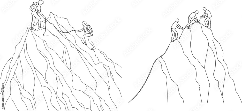 Continuous one line drawing group of people man woman helping each other hike up a mountain - obrazy, fototapety, plakaty 