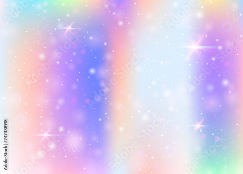 Holographic background with rainbow mesh. Trendy universe banner in princess colors. Fantasy gradient backdrop with hologram. Holographic unicorn background with fairy sparkles, stars and blurs.