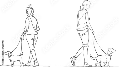 continuous line drawing of woman walking exercise with dog