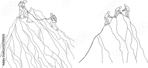Continuous one line drawing group of people man woman helping each other hike up a mountain