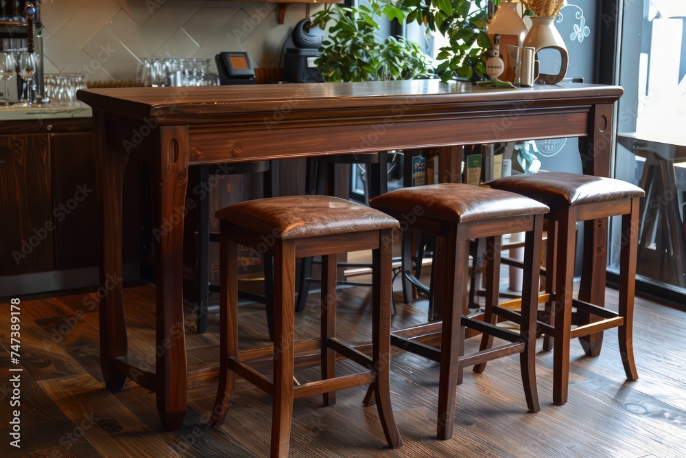  stools under a bar table, in the style of classic elegance, dark amber, academic precision, classical style