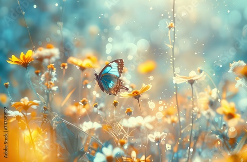 flowers and butterflies flutter in a spring sun, in the style of light yellow and azure, romantic scenery, tilt shift, gold and blue