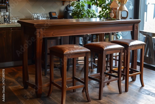  stools under a bar table  in the style of classic elegance  dark amber  academic precision  classical style