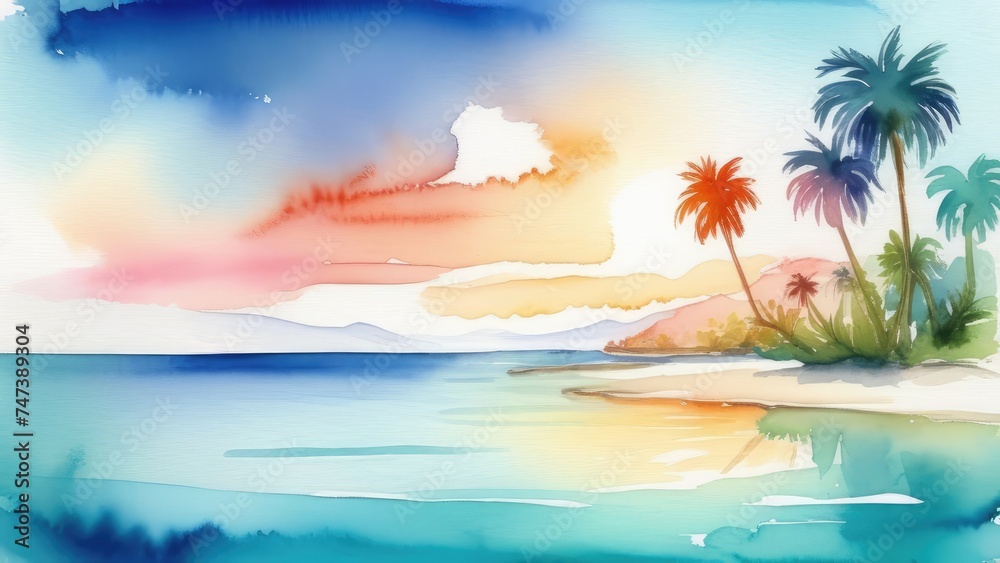 concept vacation, travel, Tropical beach with palm trees and serene lagoon. Travel concept for relaxation and tranquility. watercolor style,
