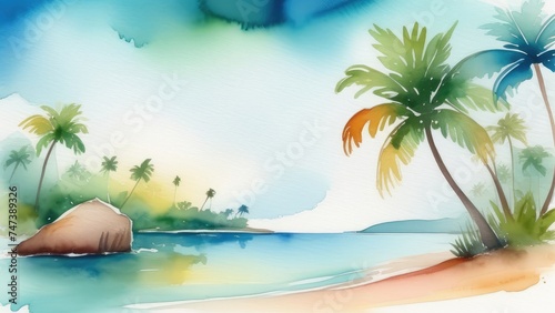 concept vacation, travel, Tropical beach with palm trees and serene lagoon. Travel concept for relaxation and tranquility.