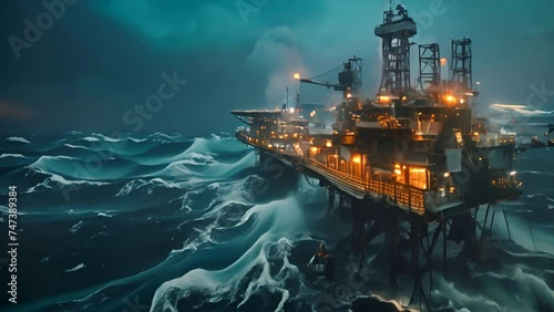 oil rig or natural gas rig at sea in extreme weather conditions,generative ai photo