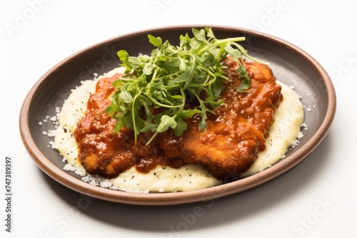 Delicious schnitzel in a clay dish against a white background