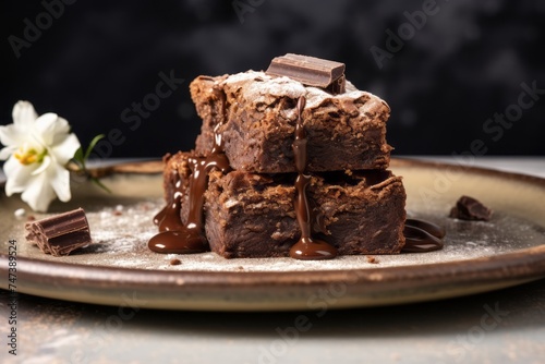 Exquisite brownie on a rustic plate against a white background