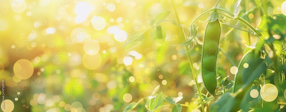 Obraz premium green peas with bokeh background in a field, light gold and yellow, ethereal abstract, color photography, lens flares