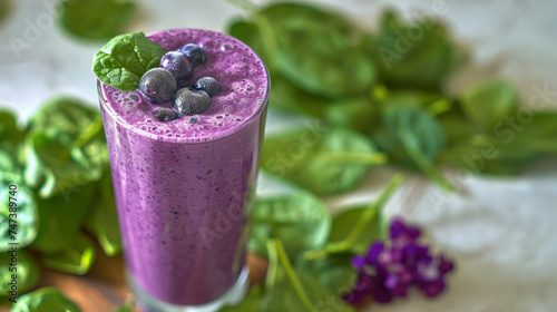 Blueberry and spinach protein smoothie, post-workout drink, vibrant colors.