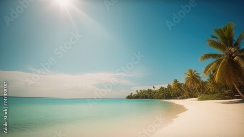 concept vacation, travel, Tropical beach with palm trees and serene lagoon. Travel concept for relaxation and tranquility.
