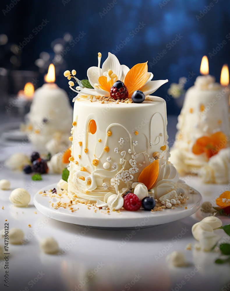 food photography featuring a beautiful vanilla cream cake prepared molecular gastronomy style and beautifully decorated with intricate details food photography featuring a beautiful vanilla cream cake prepared molecular gastronomy style and beautifully decorated with intricate details