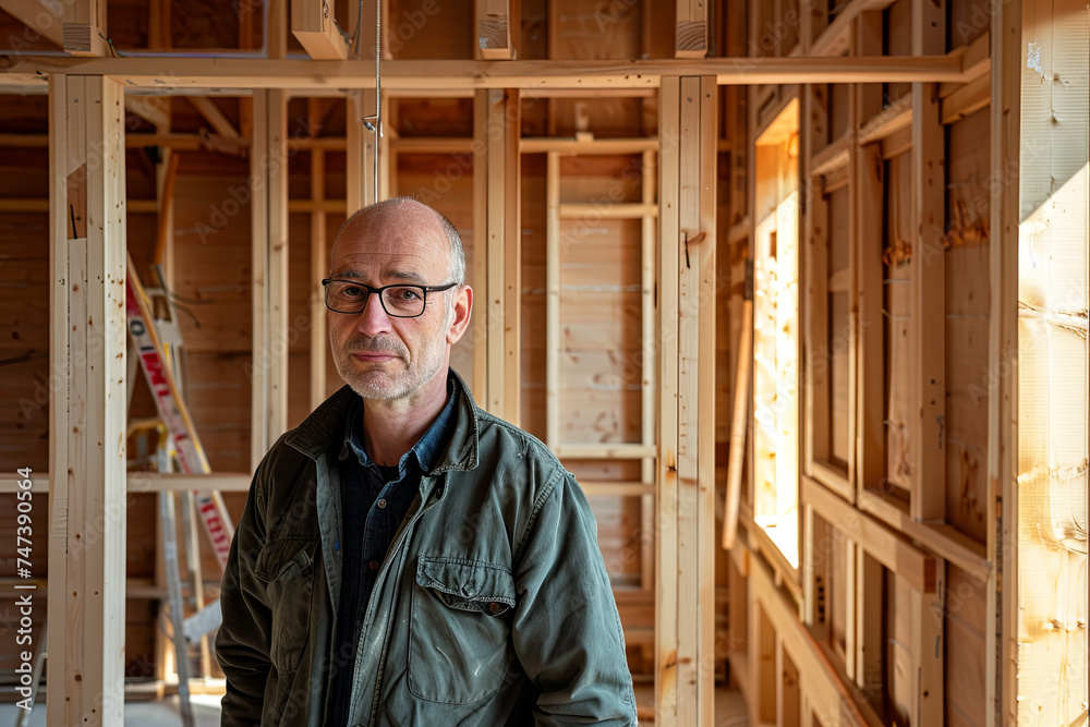 Portrait of mature man working in his new unfinished house