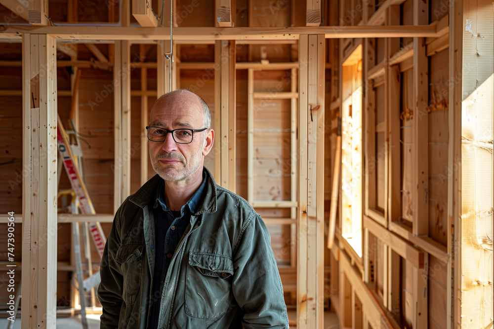 Portrait of mature man working in his new unfinished house Portrait of mature man working in his new unfinished house