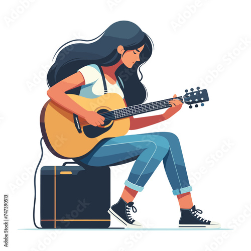 Musician woman playing guitar acoustic vector illustration, female guitarist performing music, String instrument player design template isolated on white background