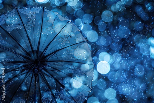open umbrella with rain and rain droplets, in the style of dark blue