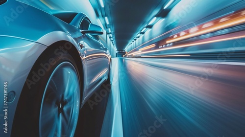An electric vehicle speeding down a futuristic highway enveloped in streams of blue light symbolizing high speed and efficiency with copyspace on the side for innovative messages