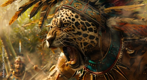 With a fierce snarl an Aztec jaguar warrior charges into battle his body adorned with elaborate body paint and feathers.