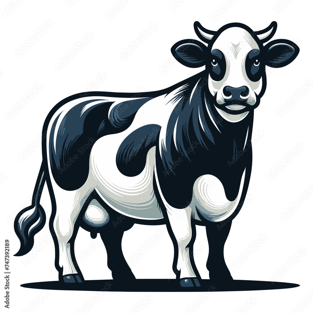 Fototapeta premium Cow full body vector illustration, farm pet, animal livestock, for butchery meat shop and dairy milk product, agriculture concept, design template isolated on white background