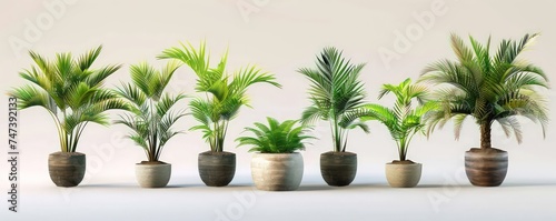 palm trees, palm leaves, green grasses, small flowers, potted in ceramic pots, white background