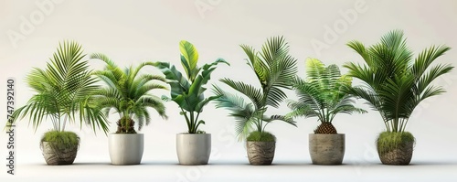 palm trees, palm leaves, green grasses, small flowers, potted in ceramic pots, white background