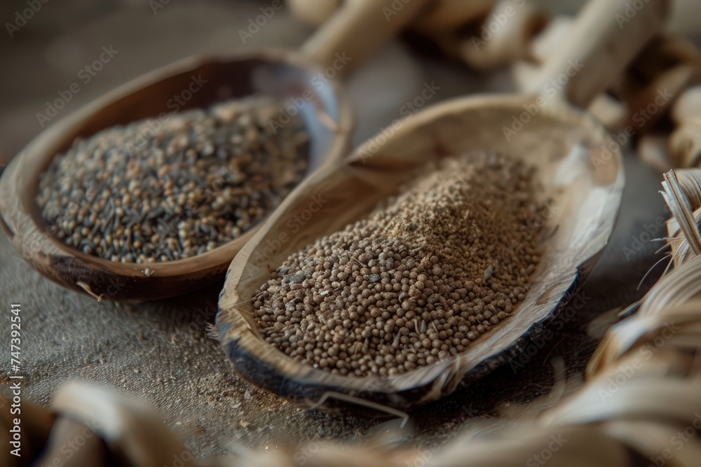 spices covered in a spoon have seeds in them, in the style of shallow depth of field, spiky mounds spices covered in a spoon have seeds in them, in the style of shallow depth of field, spiky mounds