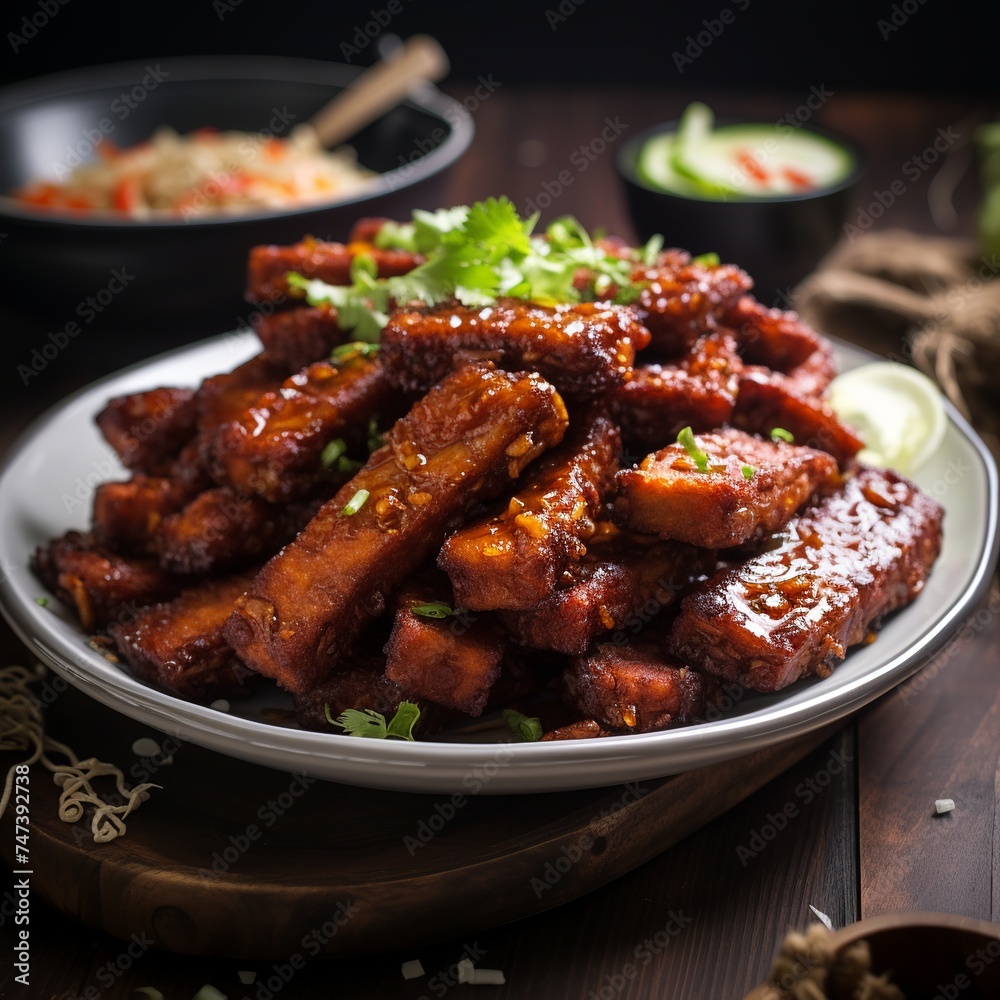 Sweet and delicious bacem tempeh served on a plate with spicy tomato sauce. Close up. Asian food Sweet and delicious bacem tempeh served on a plate with spicy tomato sauce. Close up. Asian food