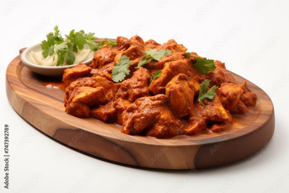 Juicy chicken tikka masala on a wooden board against a white background Juicy chicken tikka masala on a wooden board against a white background
