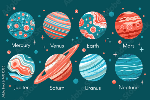 Eight planets of solar system in abstract style of red and blue color on dark background of universe with stars, satellites, names of planets. Vector illustration in flat style on theme of space.