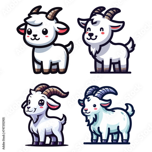 Set of cute goat full body cartoon mascot character vector illustration, funny adorable farm pet animal goat design template isolated on white background