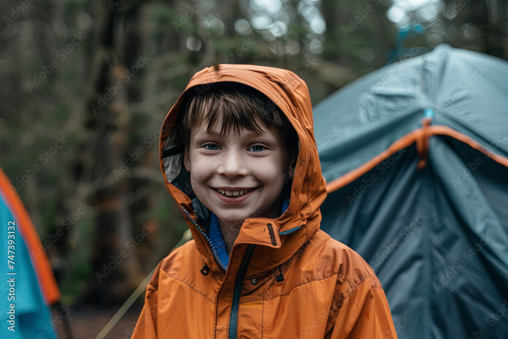 Smiling boy near camping tent in forest Smiling boy near camping tent in forest
