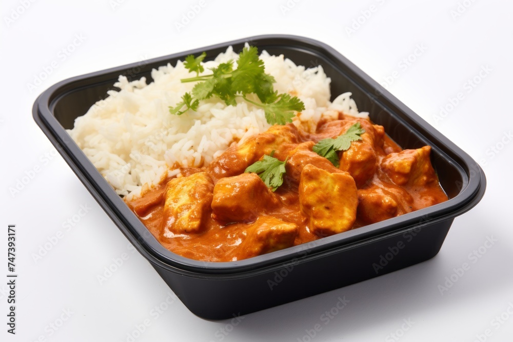 Tempting chicken tikka masala on a plastic tray against a white background