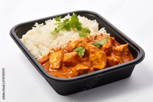 Tempting chicken tikka masala on a plastic tray against a white background