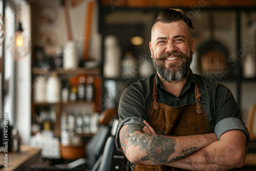 Portrait of smiling barista standing with arms crossed in barber shop