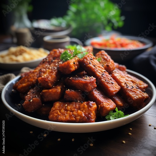 Sweet and delicious bacem tempeh served on a plate with spicy tomato sauce. Close up. Asian food photo