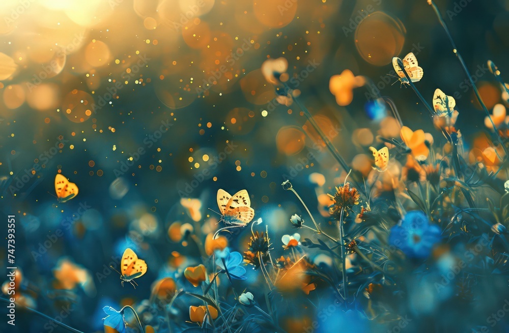 yellow butterflies flying in the grass at sunrise, in the style of blue and azure, delicate flowers, - obrazy, fototapety, plakaty 