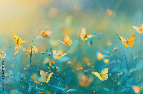 yellow butterflies flying in the grass at sunrise  in the style of blue and azure  delicate flowers 