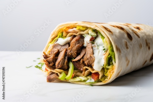 Exquisite shawarma on a marble slab against a white background
