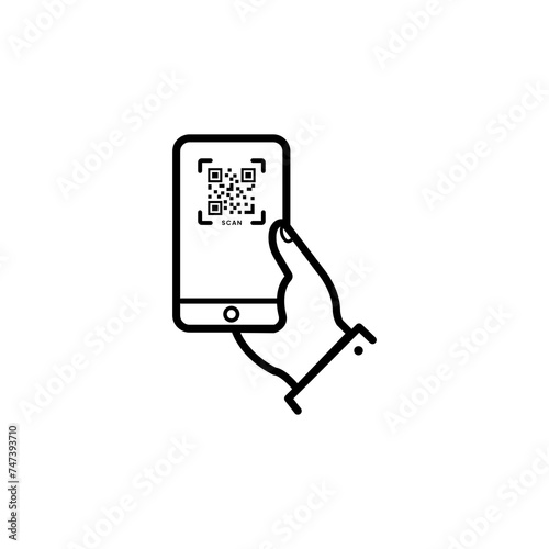 Hand holding mobile phone in scanning QR code for payment outline vector icon .