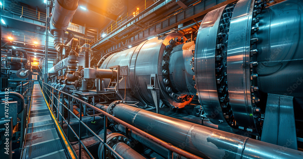 Zoom in on the intricate machinery within the heart of the power plant, where massive turbines and generators hum with energy, surrounded by a network of pipes and valves High detailed