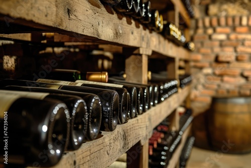  Several bottles of quality wine, stored horizontally in an ancient cellar, showcase the rich heritage of winemaking, capturing the essence of time, tradition, and refined taste