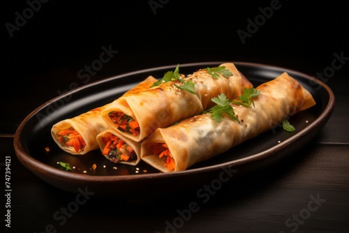 Tempting spring rolls on a rustic plate against a white background