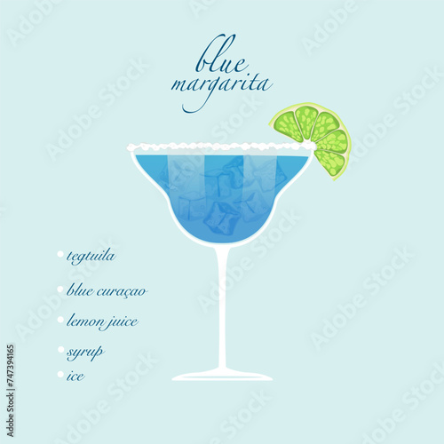 Wallpaper Mural Blue Margarita cocktail isolated on a lemon background. Retro party, Vector illustration, fresh drink menu.
 Torontodigital.ca