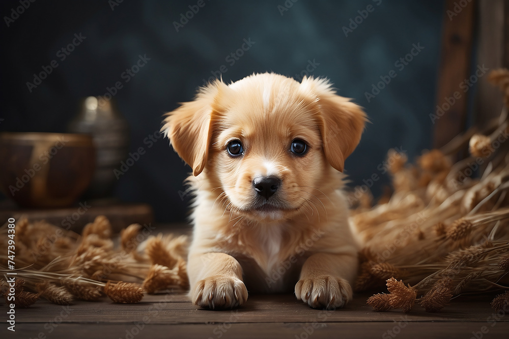 Fototapeta premium golden retriever puppy sitting on the floor