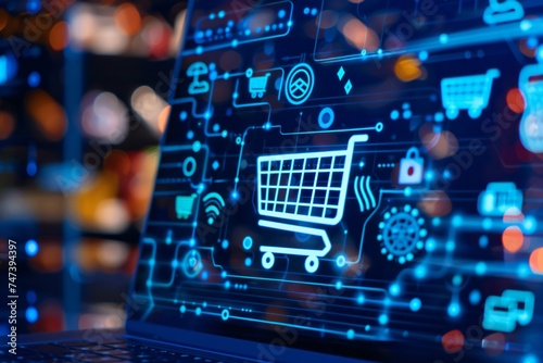 E commerce platform interface on a laptop screen highlighted in blue against a backdrop of global digital shopping icons with copyspace for online retail trends