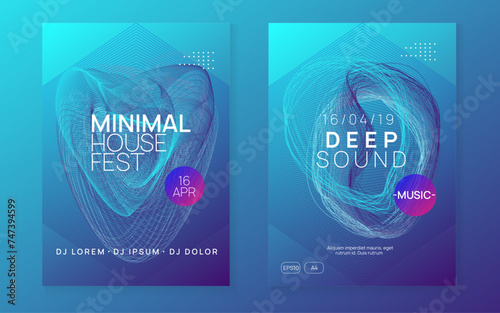 Music flyer. Geometric discotheque cover set. Dynamic gradient shape and line. Neon music flyer. Electro dance dj. Electronic sound fest. Techno trance party. Club event poster.
