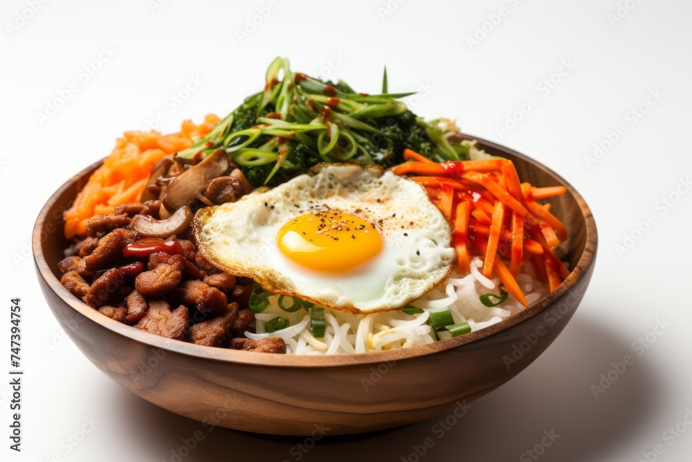 Delicious bibimbap on a porcelain platter against a white background Delicious bibimbap on a porcelain platter against a white background